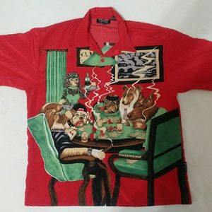 Men's dragonfly dogs playing poker button shirt